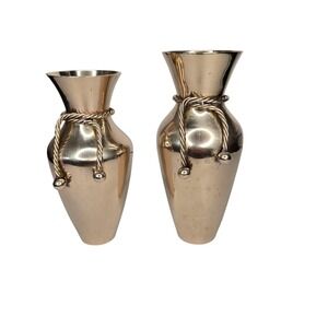 Vintage Brass Bud Vase Set with Twisted Rope Tassels Made In India Set Of 2